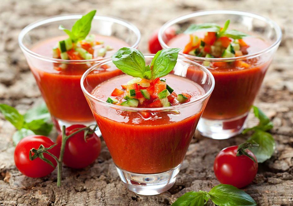 delicious cold Gazpacho soup in glasses